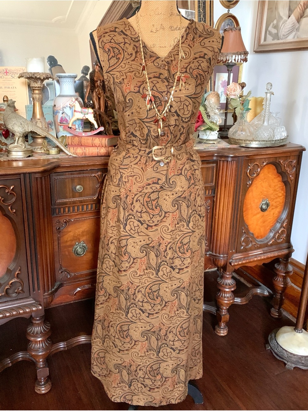 Vintage 90's-inspired Floral Paisley Boho Hippie Gypsy Dress Skirt Vest Belt Set